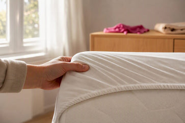 Ouder doet een matrasbeschermer om het matras van het babybedje