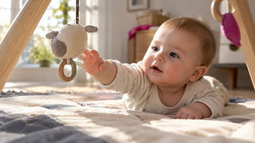 Baby reikt naar het speeltje dat onder de speelboog hangt