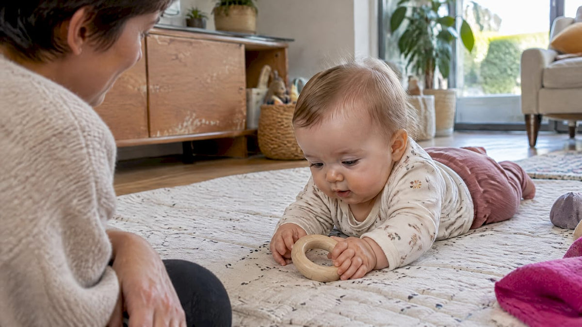 Baby ontdekt eenvoudig Montessori grijpspeelgoed