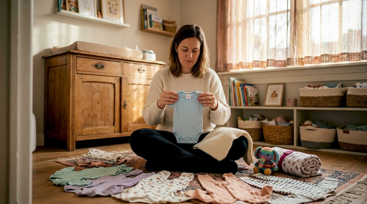 In de babykamer houdt iemand een rompertje vast in maat 74