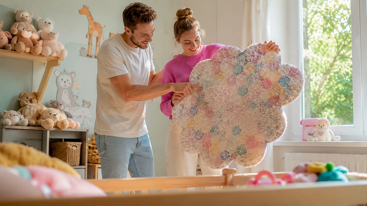 Een stel kiest met zorg een persoonlijk kraamcadeau uit in de babykamer