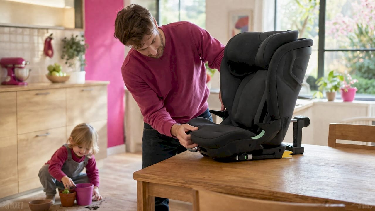 Vader bevestigt een babyzitje in zijn auto