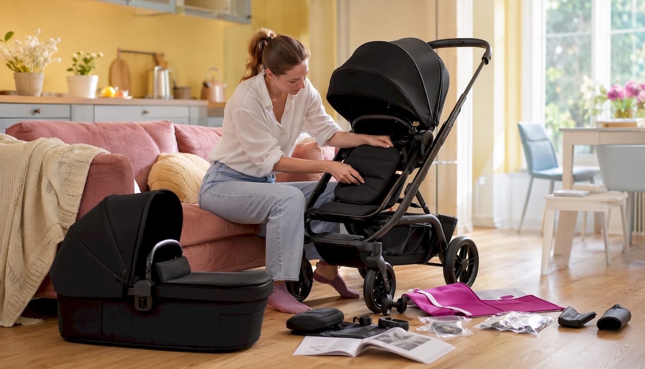 Moeder stelt ergonomische accessoire af op de kinderwagen