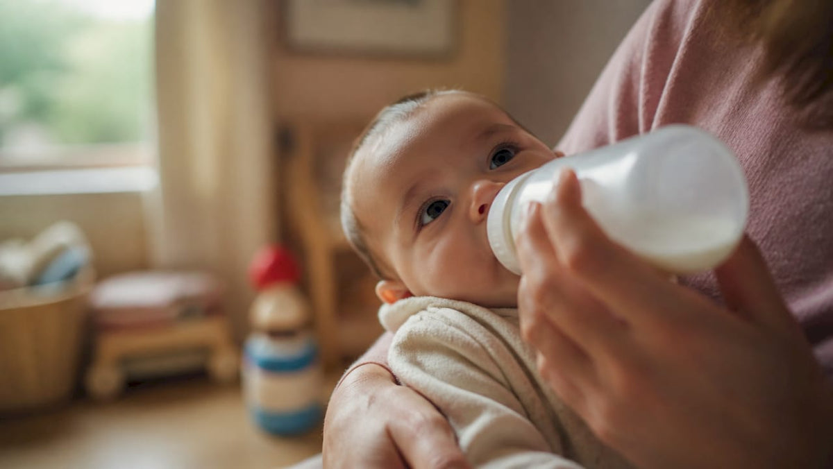 Een ouder wiegt de baby rustig in de armen en geeft de fles