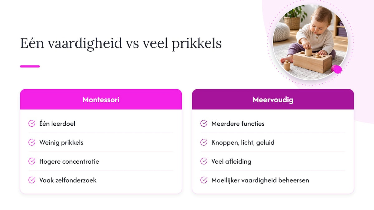 Vergelijking tussen eenvoudig en overprikkelend speelgoed