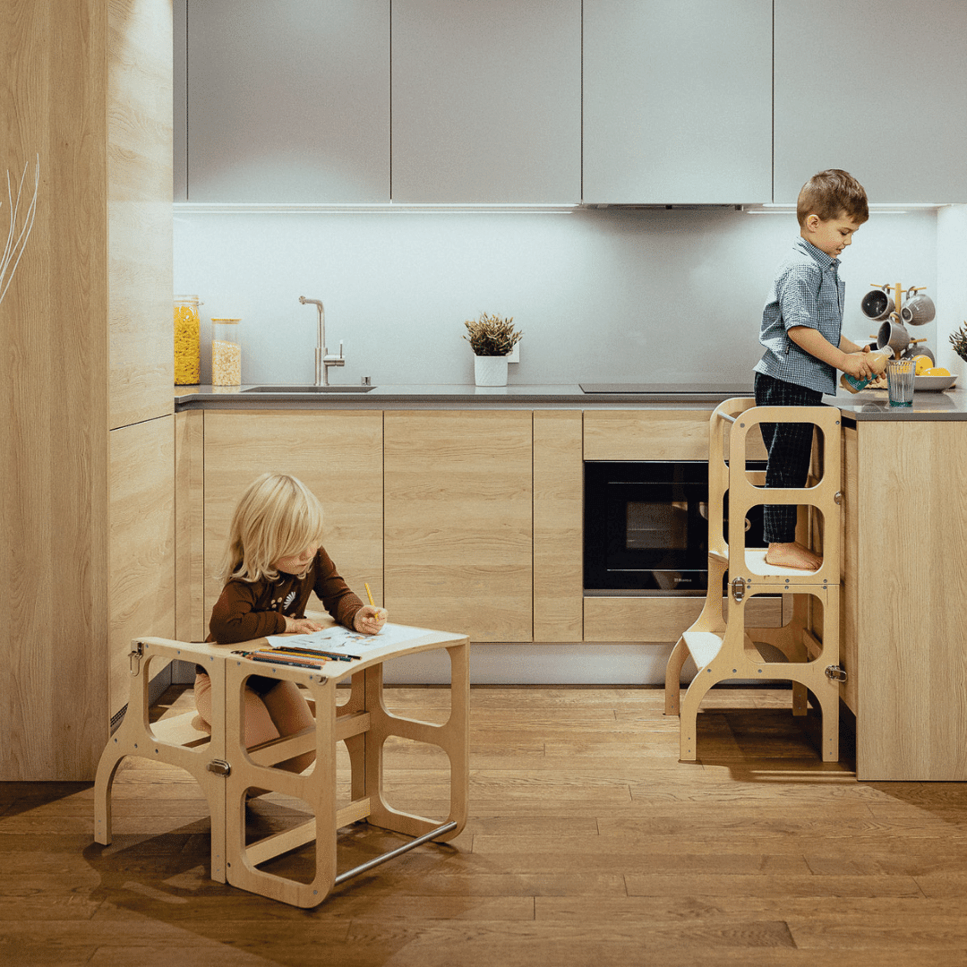 Ette Tete STEP'n'SIT 2-in-1 Leertoren en Tafel – Naturel Hout - Casteleyn