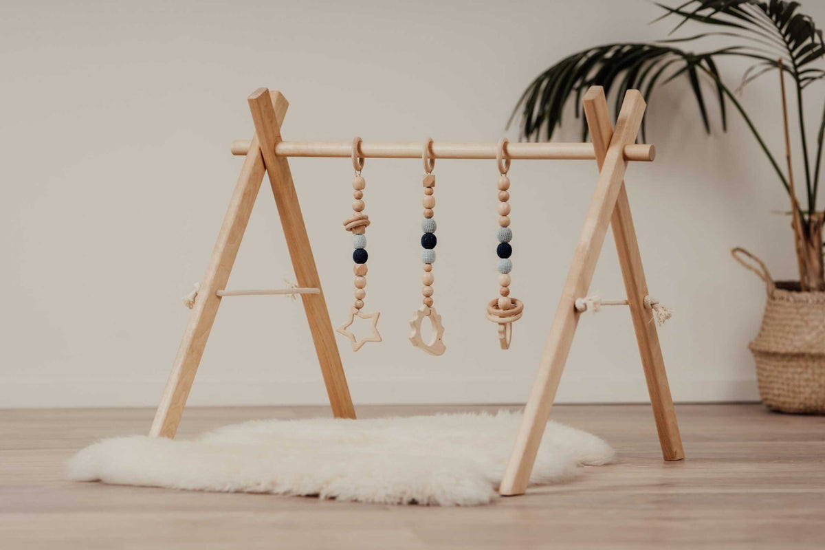 Wooden Baby Gym with Blue Toys