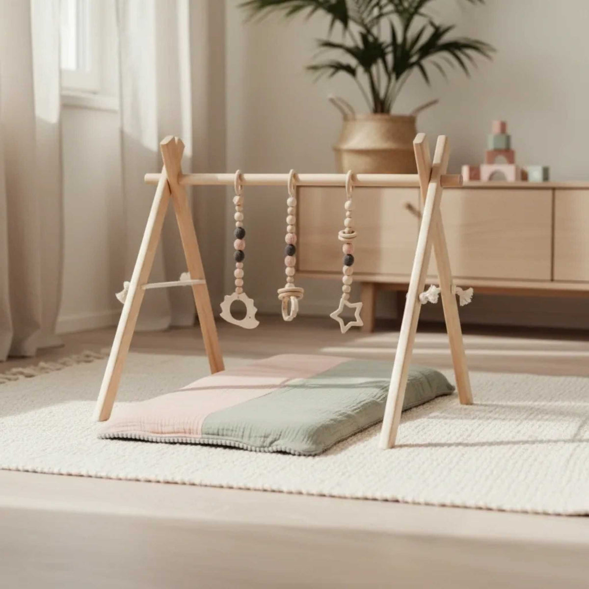 Wooden Baby Gym with Pink Toys
