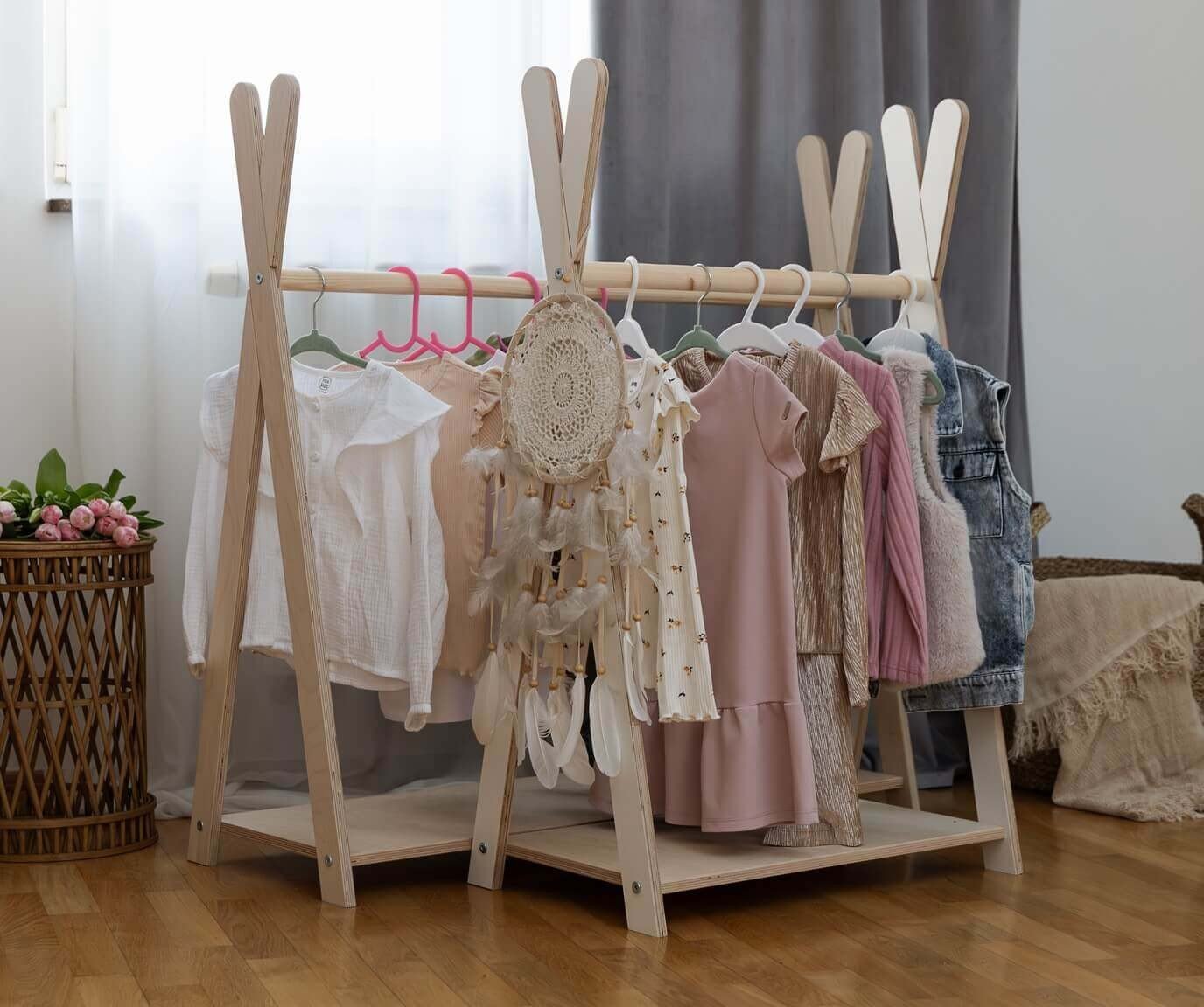 MeowBaby Tipi Kledingrek voor Kinderen – Groot, Naturel Hout - Casteleyn