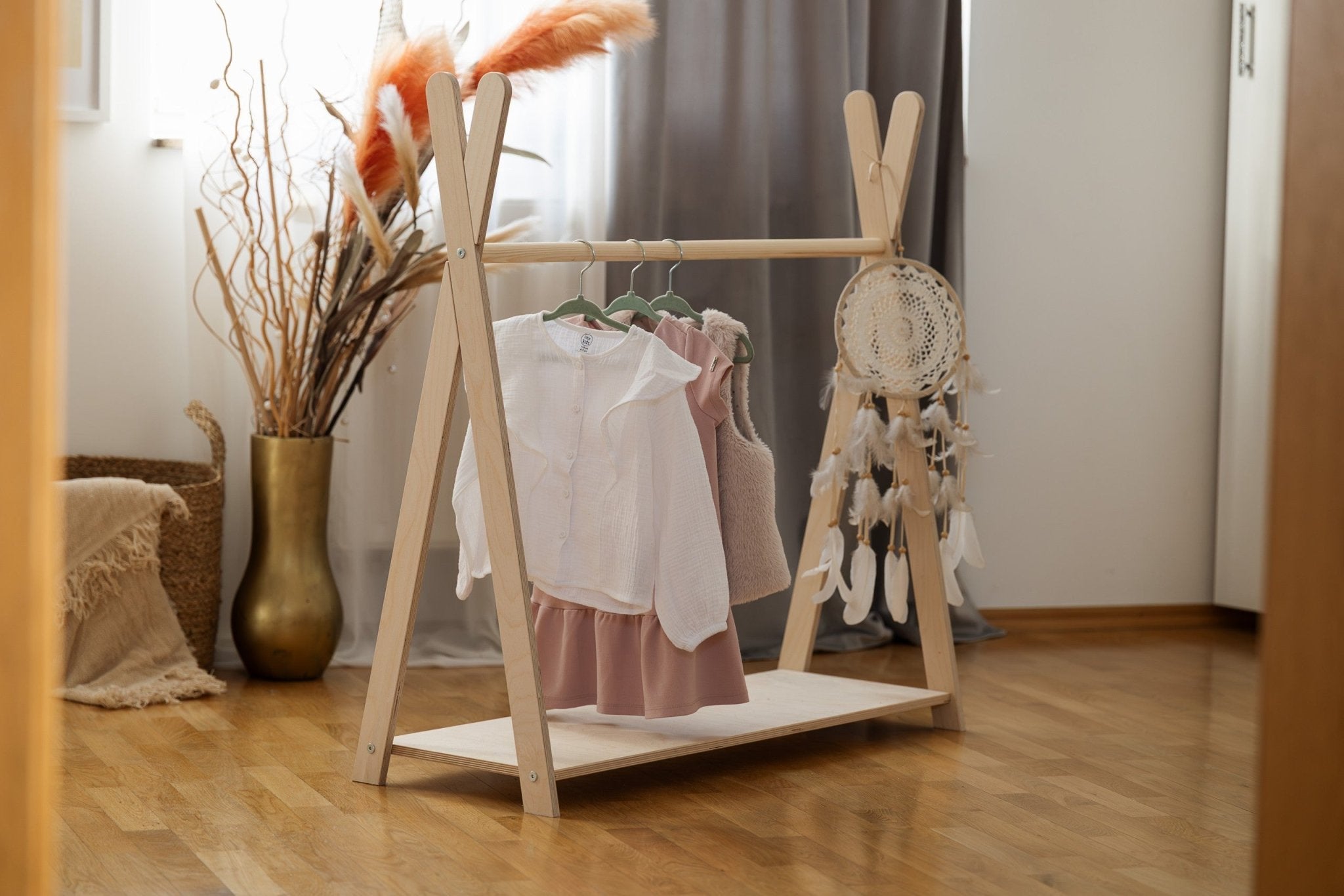 MeowBaby Tipi Kledingrek voor Kinderen – Groot, Naturel Hout - Casteleyn