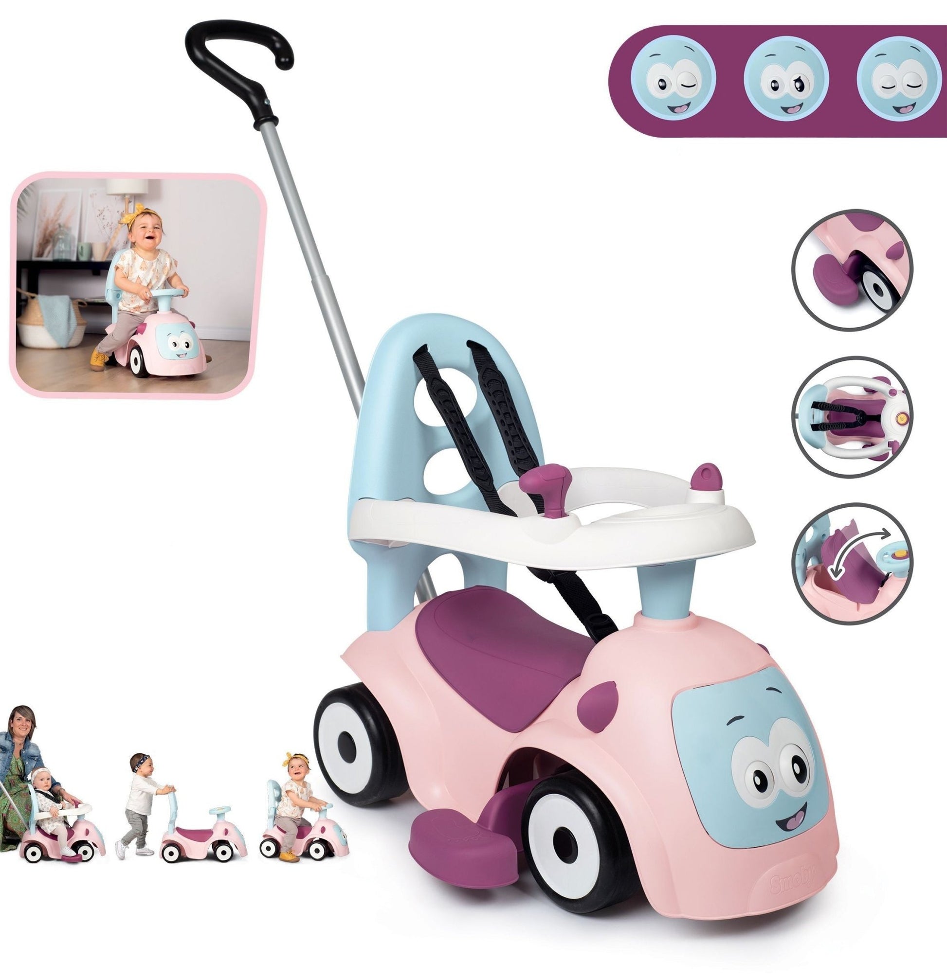 Smoby Maestro 3-in-1 Loopauto – Roze - Casteleyn
